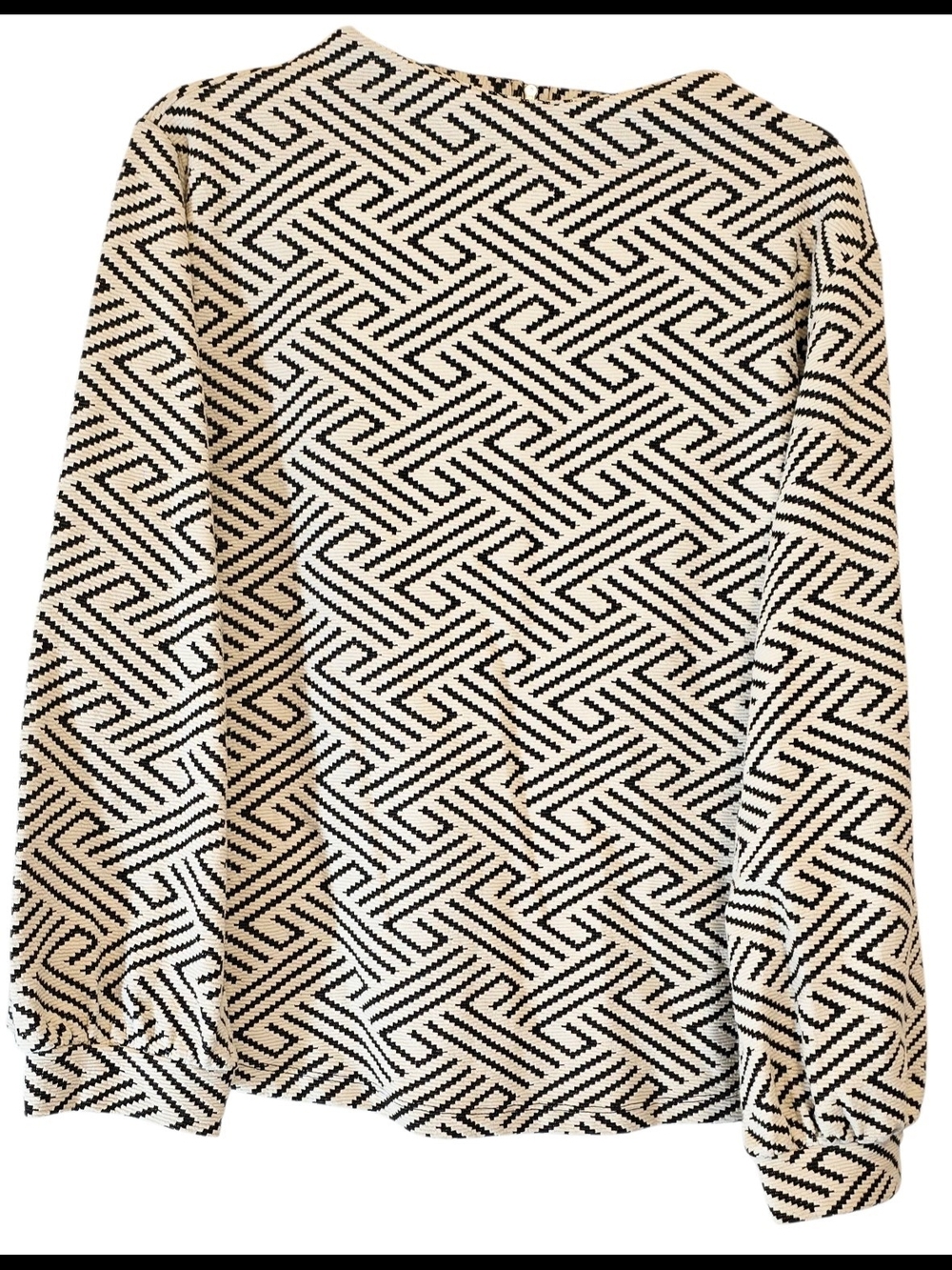 W5 Geometric Print Long Sleeve Top Small Black Cream Back Zip Blouse
